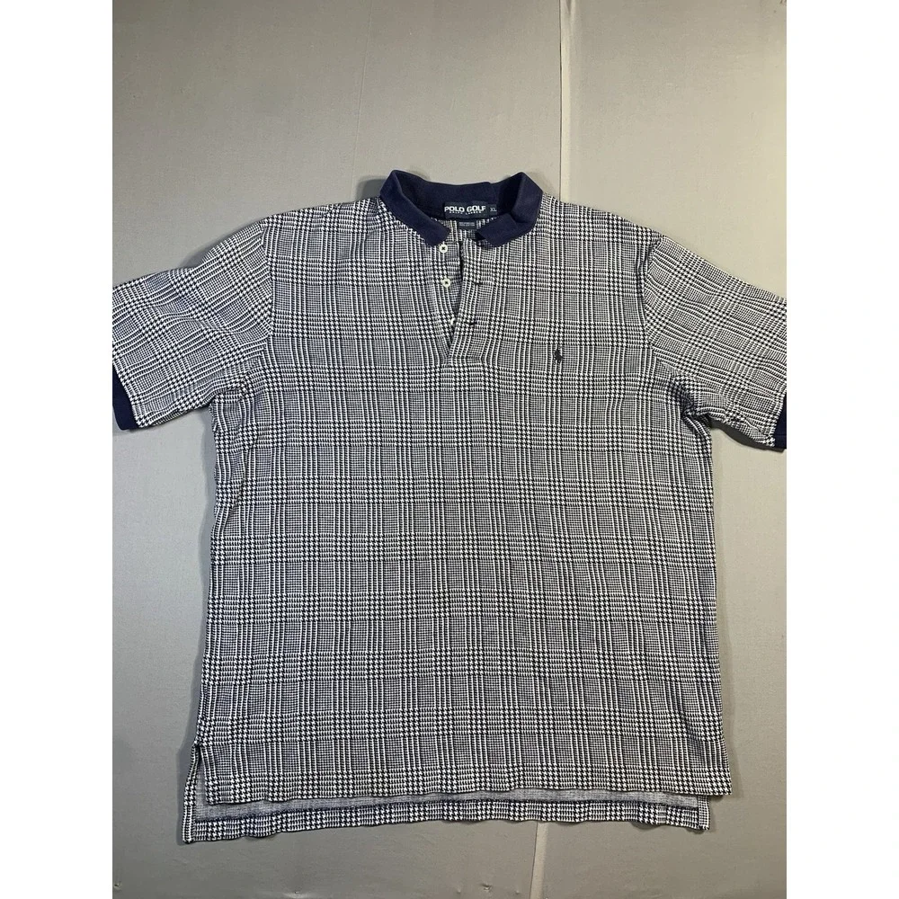 Ralph Lauren Polo Shirt‎ Mens XL White Black Pony Houndstooth Made in USA Golf
